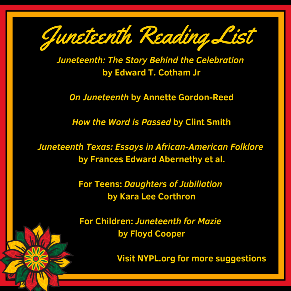 Black background. List of recommended Black History books in yellow text. Post honors Juneteenth holiday. 